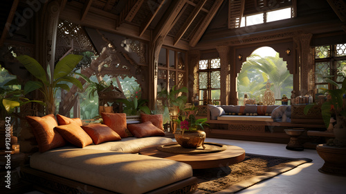 the interior of the guest room in the loft style ,a luxurious cabin with a large bed, bookshelves, and a view of the forest