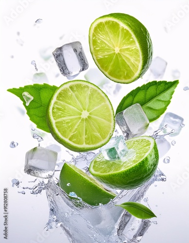 lime with flying ice cubes, surrounded by a backdrop of fresh, splashing water. generative ai photo