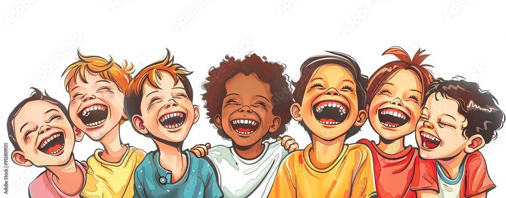 Illustration of a group of children laughing together , more clarity with clear light and sharp focus , high detailed