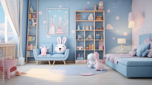 Interior of children's room with blue armchair, toys and clouds ,Interior of children's room with blue walls, white wooden floor, blue sofa and pink pillows