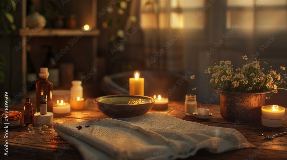 Relaxing Spa Setting with Candles and Flowers Relaxing Spa Setting with Candles and Flowers