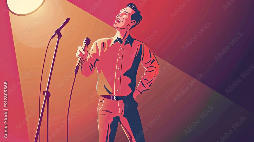Illustration of a stand-up comedian with a spotlight , more clarity with clear light and sharp focus , high detailed Illustration of a stand-up comedian with a spotlight , more clarity with clear light and sharp focus , high detailed