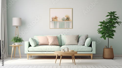 Interior living room with white sofa and wooden table ,Living room with sofa couch in Scandinavian interior design with empty wooden photo frame on light wall