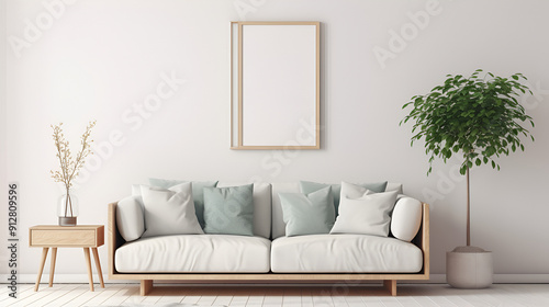 Interior living room with white sofa and wooden table ,Living room with sofa couch in Scandinavian interior design with empty wooden photo frame on light wall
