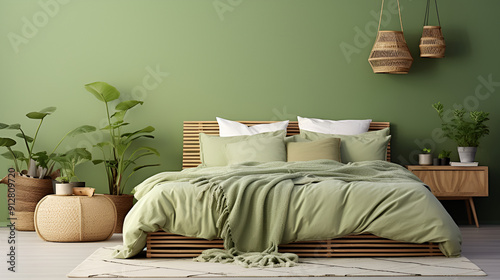 Bed with gray headboard and green blanket near mint color wall, Interior design of modern bedroom ,Empty wall in a Scandinavian modern bedroom