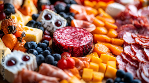 Photography of a close-up of a Halloween-themed charcuterie board with cheeses and spooky garnishes for Halloween Festival  photo