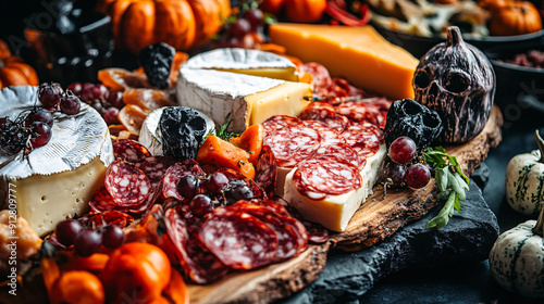 Photography of a close-up of a Halloween-themed charcuterie board with cheeses and spooky garnishes for Halloween Festival  photo