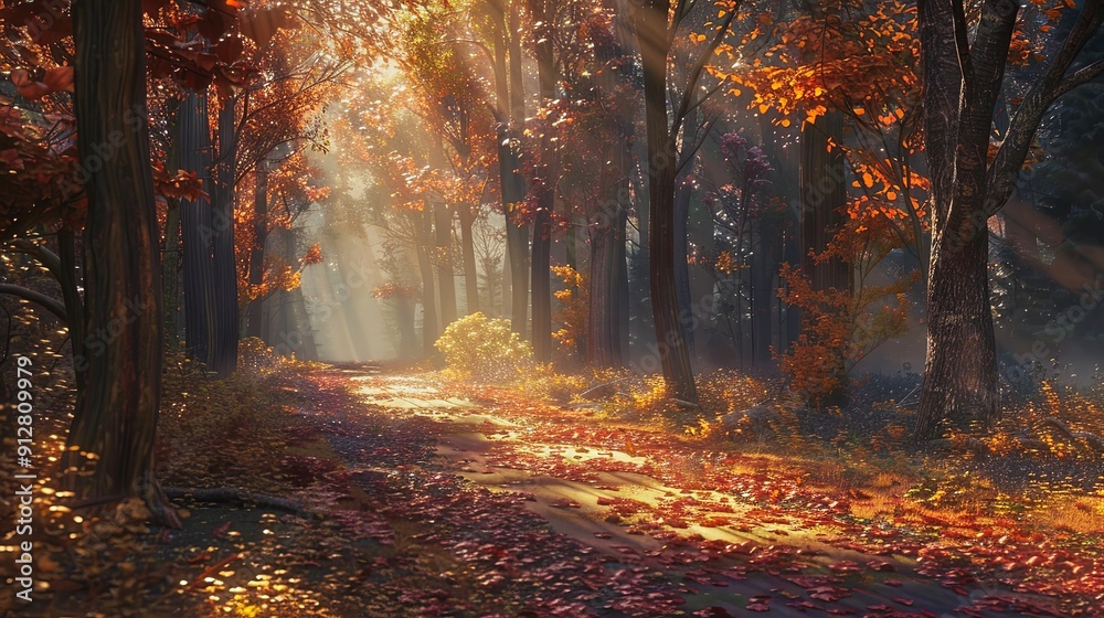 Sunbeams illuminate a forest path covered in autumn leaves. Sunbeams illuminate a forest path covered in autumn leaves.