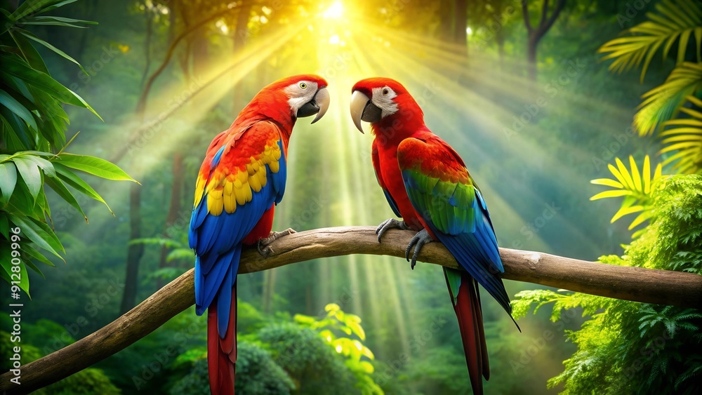 Two Macaws Perched Amidst a Verdant Rainforest Canopy Generative AI Two Macaws Perched Amidst a Verdant Rainforest Canopy Generative AI