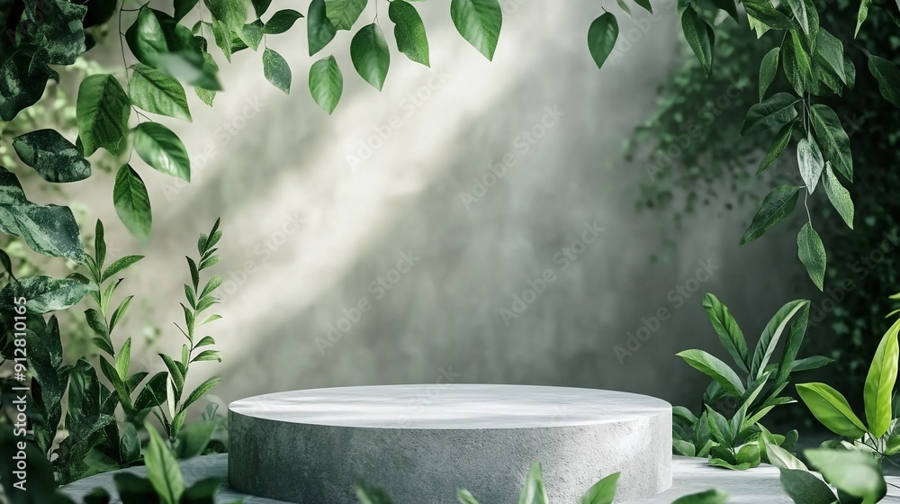 Natural Stone and Concrete Podium with a Natural Green Background for Empty Product Presentation, Featuring Green Leaves Natural Stone and Concrete Podium with a Natural Green Background for Empty Product Presentation, Featuring Green Leaves
