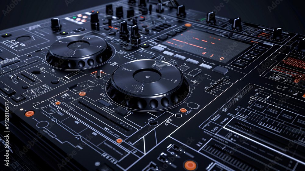 Modern DJ controllers with advanced features displayed on top of digital blueprints, highlighting precision and technology in music production Modern DJ controllers with advanced features displayed on top of digital blueprints, highlighting precision and technology in music production