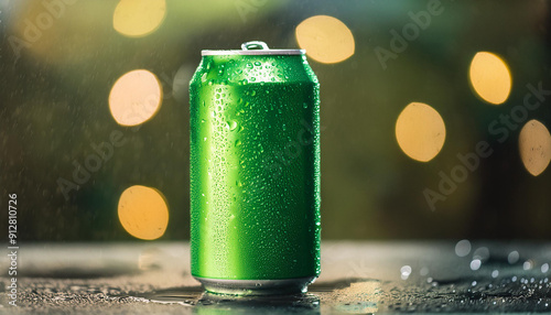 Refreshing green soda or beer can in rain with bokeh lights. Tasty drink. Delicious beverage.