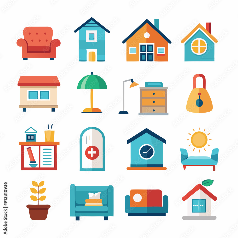 Create a set of 16 flat style Home and Living set vector Create a set of 16 flat style Home and Living set vector
