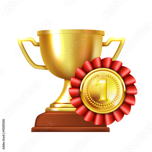 Golden cup and gold medal. Vector 3D clipart isolated on white background.