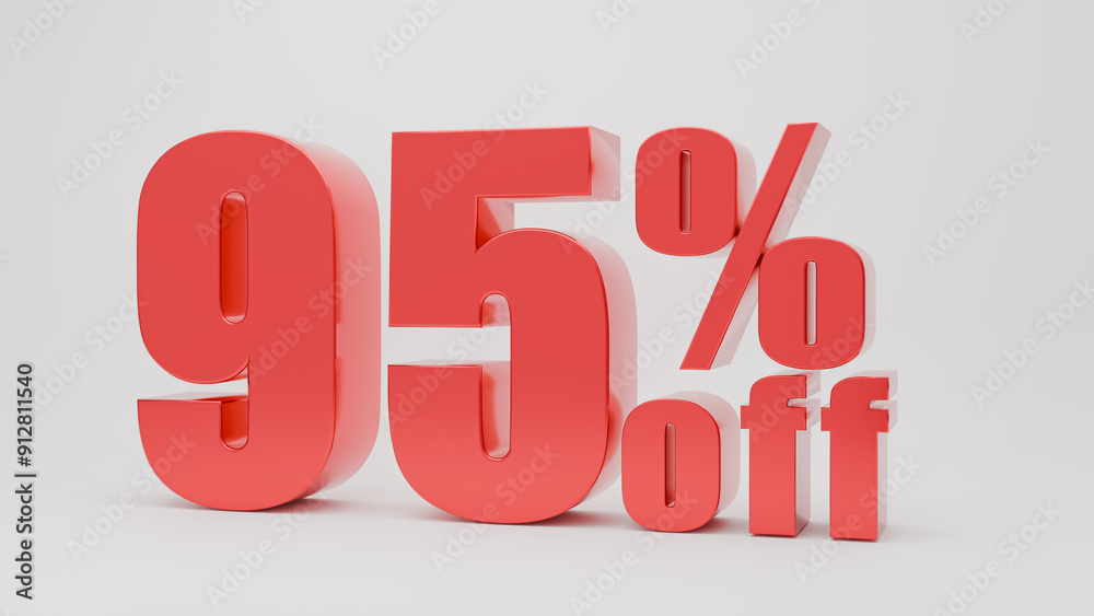 Red 95% percent off sign on white background Text 3D render. ideal for promotional materials, discounts, shopping, store, special price ,and sales advertisements Red 95% percent off sign on white background Text 3D render. ideal for promotional materials, discounts, shopping, store, special price ,and sales advertisements