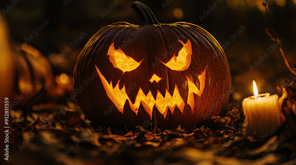 Photography of a carved pumpkin with a menacing face glowing from within by candlelight for Halloween Festival Photography of a carved pumpkin with a menacing face glowing from within by candlelight for Halloween Festival