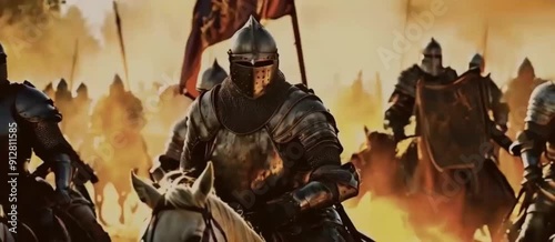 A cinematic still of medieval knights in armor charging into battle