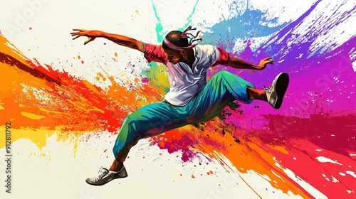Abstract illustration of the Capoeira dance in an explosion of colorful paint on a white background