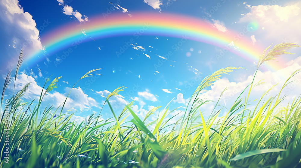 A beautiful sunny day in a 3D anime style, featuring a vibrant rainbow in the blue sky over a lush green grass field. The scene is bright, colorful, and hyper-realistic, capturing the essence of a ser A beautiful sunny day in a 3D anime style, featuring a vibrant rainbow in the blue sky over a lush green grass field. The scene is bright, colorful, and hyper-realistic, capturing the essence of a ser
