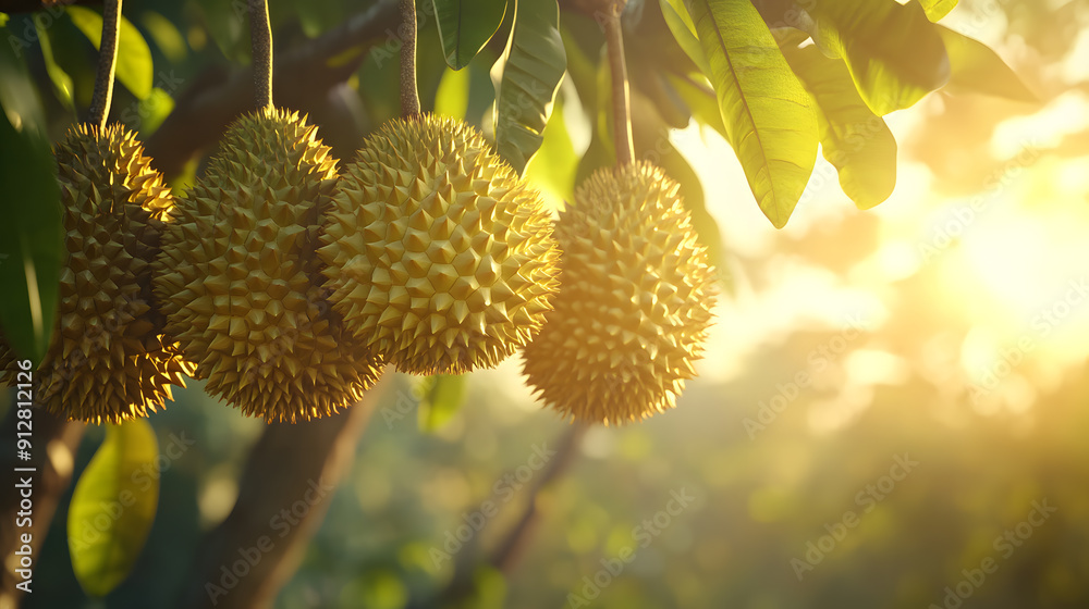 Several durian fruits hanging from a tree branch, bathed in warm sunlight. Several durian fruits hanging from a tree branch, bathed in warm sunlight.