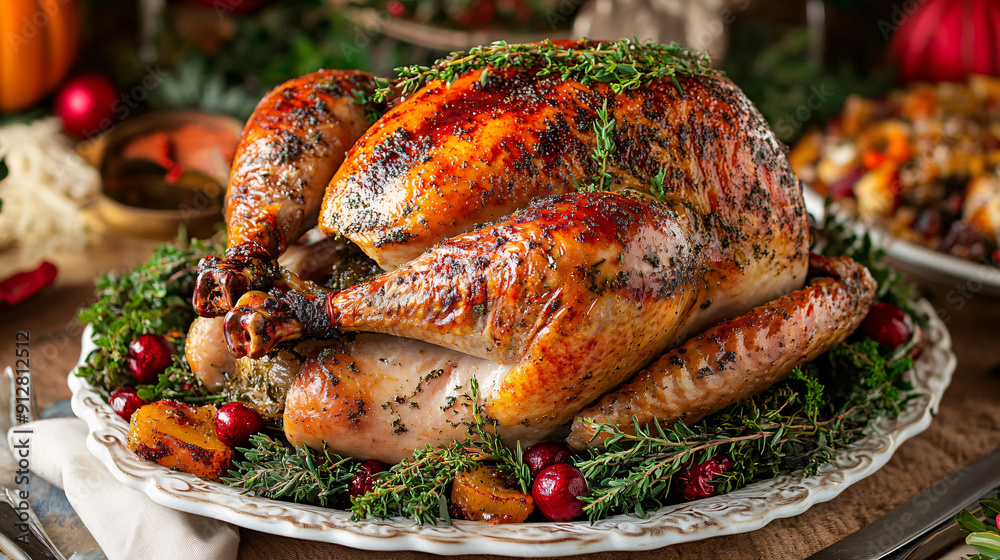Photography of a beautifully roasted turkey garnished with herbs and surrounded by side dishes, ready to be served on a festively decorated table for Thanksgiving Festival Photography of a beautifully roasted turkey garnished with herbs and surrounded by side dishes, ready to be served on a festively decorated table for Thanksgiving Festival