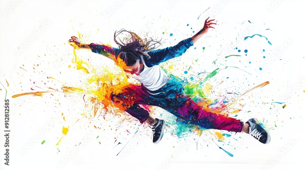 Naklejka premium Abstract illustration of the breakdance in an explosion of colorful paint on a white background 