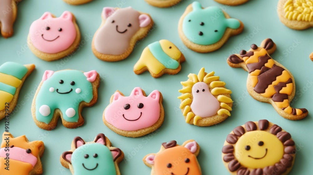 Obraz premium Adorable Animal Cookies: A variety of animal-shaped cookies decorated with colorful icing.