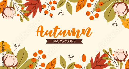 Autumn background with leaves, cotton, tree leaves, branches.  Hand draw illustration in flat style. Background for banner, cards, website.  Flat background of autumn