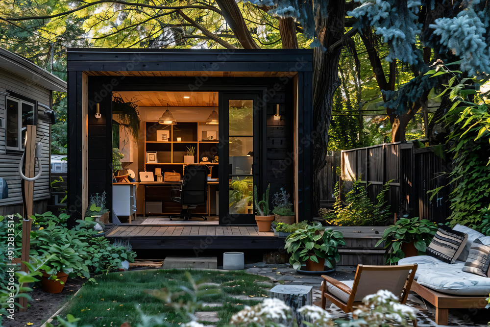 Modern Home Office in Backyard Shed. Modern Home Office in Backyard Shed.