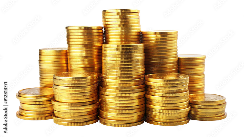 Pile of stacked gold coins isolated on transparent background Pile of stacked gold coins isolated on transparent background