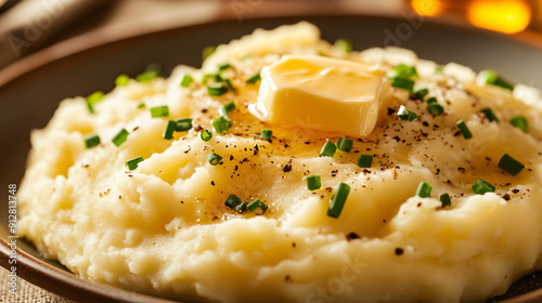 Photography of a close-up of a plate of creamy mashed potatoes topped with a pat of melting butter and a sprinkle of chives, ready to be enjoyed for Thanksgiving Festival  photo