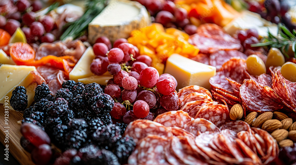 Photography of a close-up of an elegant charcuterie board arranged with assorted cheeses, cured meats, fruits, and nuts, perfect for a pre-dinner appetizer for Thanksgiving Festival Photography of a close-up of an elegant charcuterie board arranged with assorted cheeses, cured meats, fruits, and nuts, perfect for a pre-dinner appetizer for Thanksgiving Festival