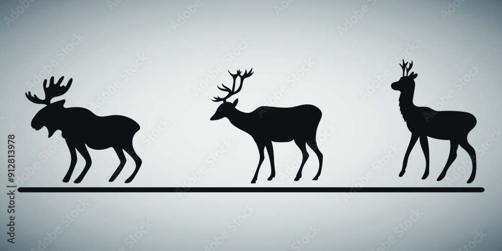 Black silhouettes of deer with antlers. 3 pieces. Vector on a gray background Black silhouettes of deer with antlers. 3 pieces. Vector on a gray background