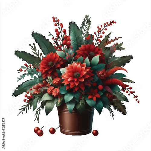 A stunning floral arrangement featuring vibrant red flowers, lush green leaves, and decorative berries, all presented in a rustic pot. Ideal for holiday decor, floral-themed designs, or festive occasi