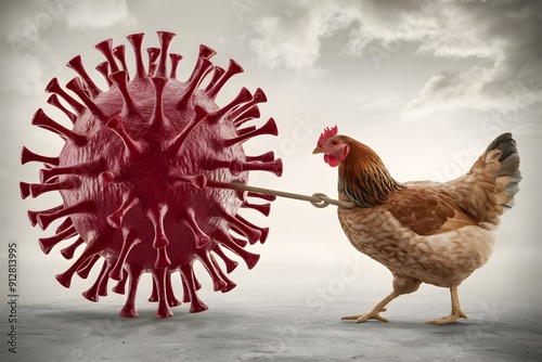 Chicken pulls large red spiky structure resembling a virus against cloudy sky photo