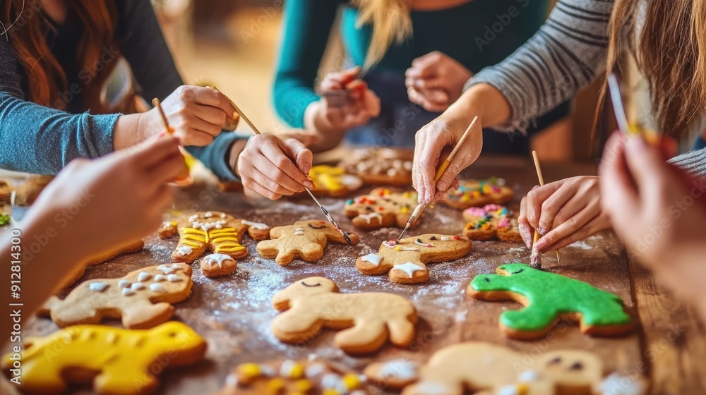 Animal Cookie Decorating Party: A group of friends decorating animal-shaped cookies together Animal Cookie Decorating Party: A group of friends decorating animal-shaped cookies together
