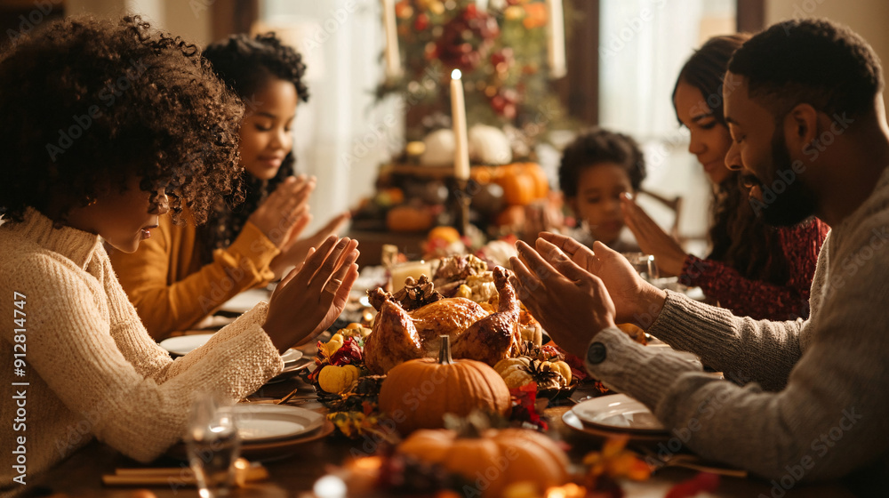 A family saying grace before their meal, holding hands around the table, and expressing gratitude for their blessings, with a beautifully set Thanksgiving table in the background for Thanksgiving A family saying grace before their meal, holding hands around the table, and expressing gratitude for their blessings, with a beautifully set Thanksgiving table in the background for Thanksgiving