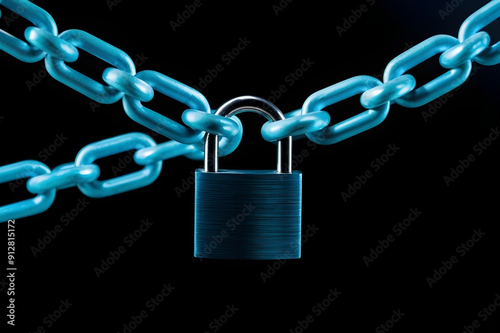 Neon blue chain with closed padlock illuminated against a dark background Neon blue chain with closed padlock illuminated against a dark background