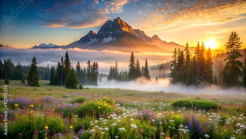 A Tranquil Morning Landscape with Delicate Fog and Lush Meadow  Generative AI