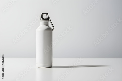 Sleek white water bottle with silver carabiner, standing against a clean white background