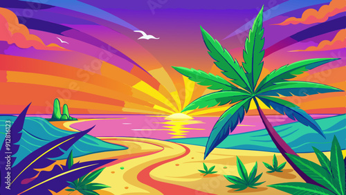 A vibrant and surreal beach scene, featuring large marijuana leaves growing naturally from the sand, vector illustration 