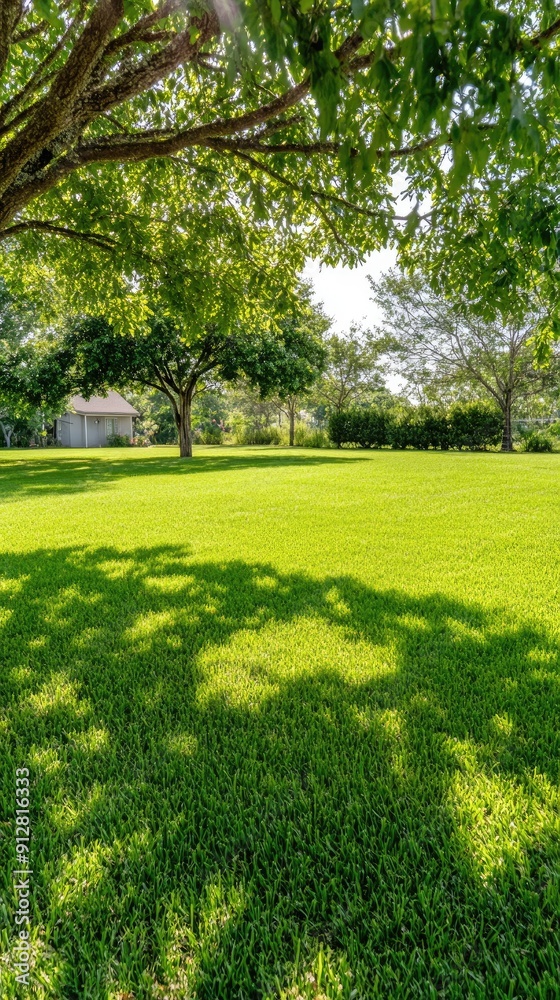 Tall evergreen trees line the edge of a vibrant green lawn under a clear blue sky, creating a serene and inviting outdoor space next to a contemporary house Tall evergreen trees line the edge of a vibrant green lawn under a clear blue sky, creating a serene and inviting outdoor space next to a contemporary house
