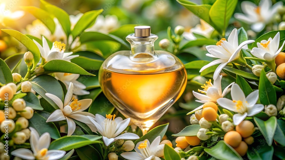 A symphony of citrus and floral, the perfume bottle rests within a vibrant orange blossom, its golden hue mirroring the Generative AI A symphony of citrus and floral, the perfume bottle rests within a vibrant orange blossom, its golden hue mirroring the Generative AI