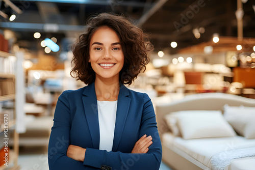 Smiling saleswoman with curly hair in a blue blazer, exuding confidence as she assists customers in a chic furniture store. photo