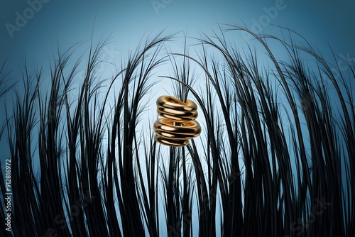 Long, slender black structures with a spiral golden object on light blue background photo