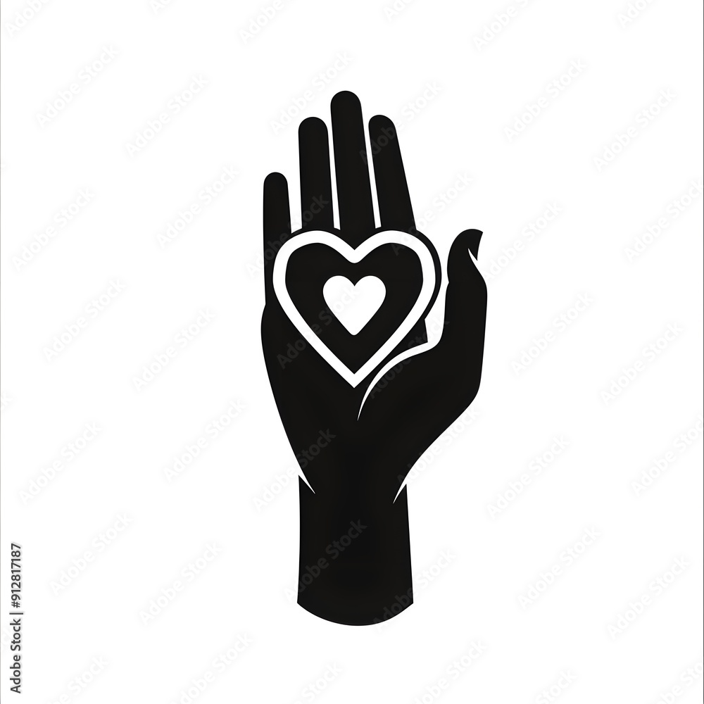 Obraz premium Hand with heart vector icon, flat design, white background, simple minimalistic style, logo style, black and White color, high resolution.