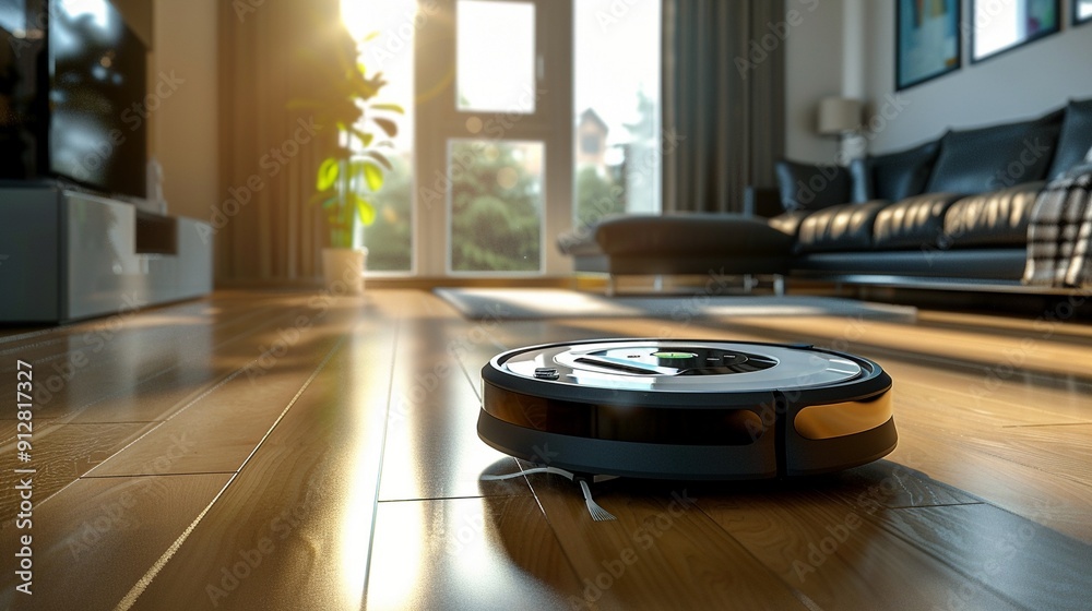 Robotic vacuum cleaner gliding across sunlit hardwood floors in a modern living room, showcasing smart home technology and effortless cleaning. Robotic vacuum cleaner gliding across sunlit hardwood floors in a modern living room, showcasing smart home technology and effortless cleaning.