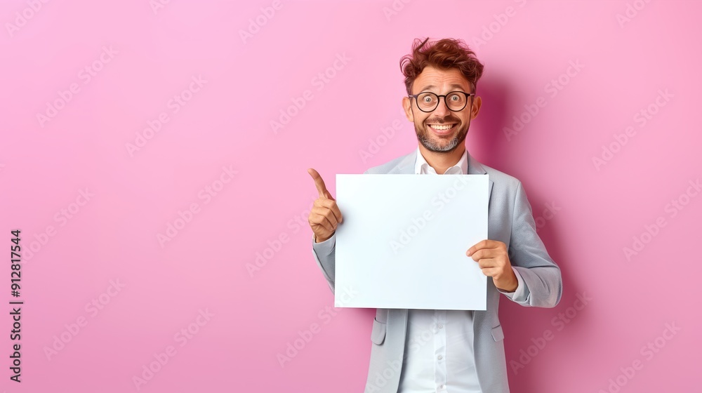 Cheerful man in grey suit holding blank white sign and pointing, against pink background. Great for ads, presentations, and promotions. Cheerful man in grey suit holding blank white sign and pointing, against pink background. Great for ads, presentations, and promotions.
