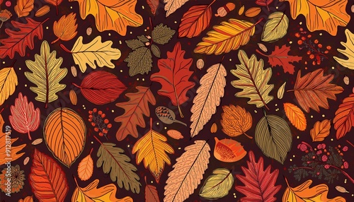 Autumn leaves pattern. Falling leaf seamless background with Oak, maple, chestnut, linden, aspen, walnut and rowan foliage in cartoon style. Autumn mood forest print for textile or wrapping paper.