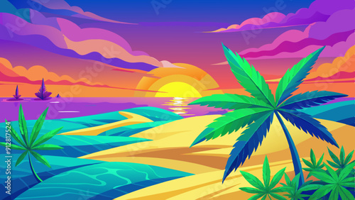 A vibrant and surreal beach scene, featuring large marijuana leaves growing naturally from the sand, vector illustration 